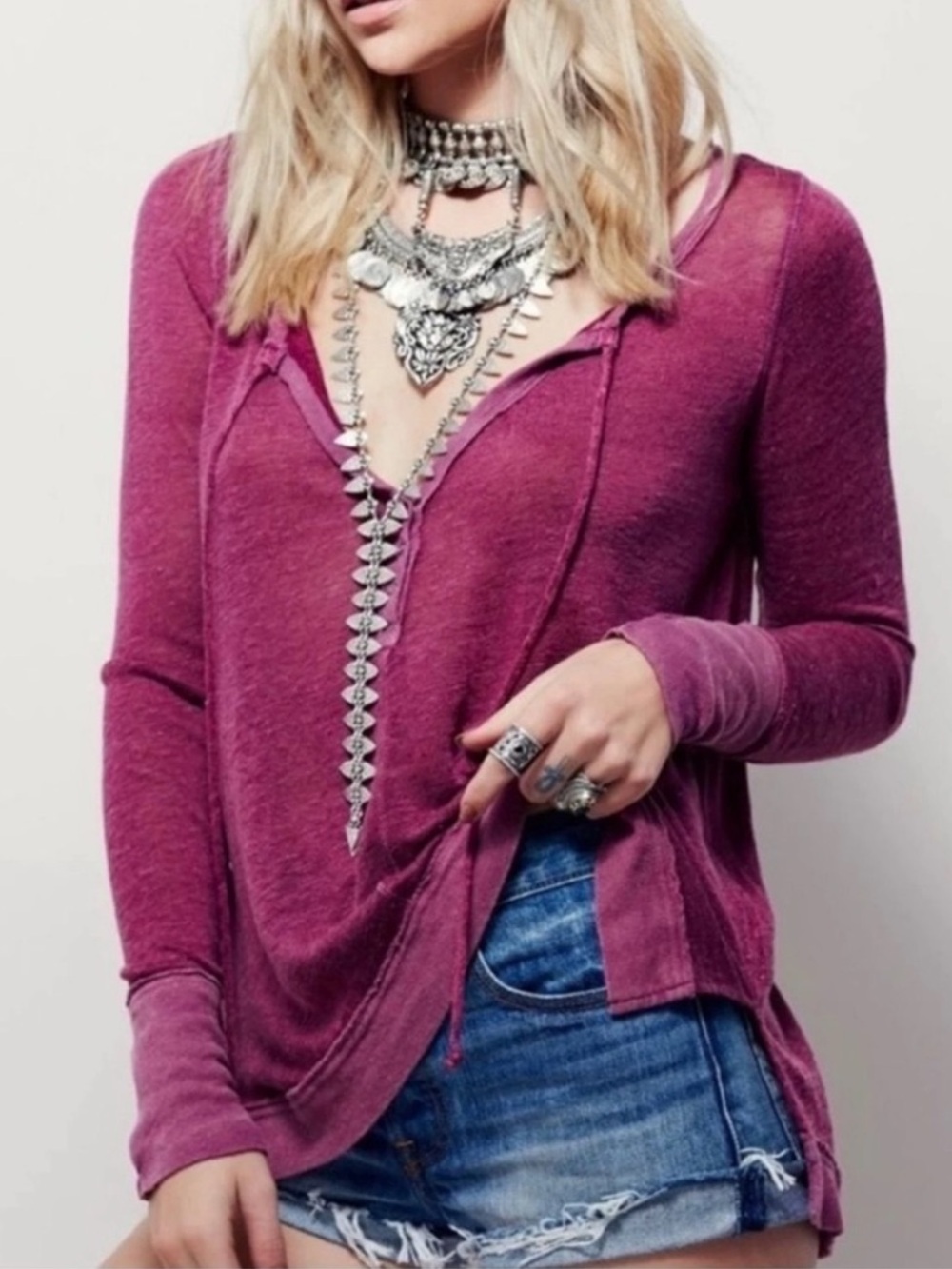 Free People Linen Affogato Hacci Henley Shirt Top Size S Oversized Y2K Fall Pink